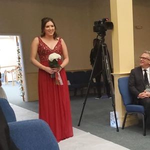 Red floor length dress size 8 David’s Bridal